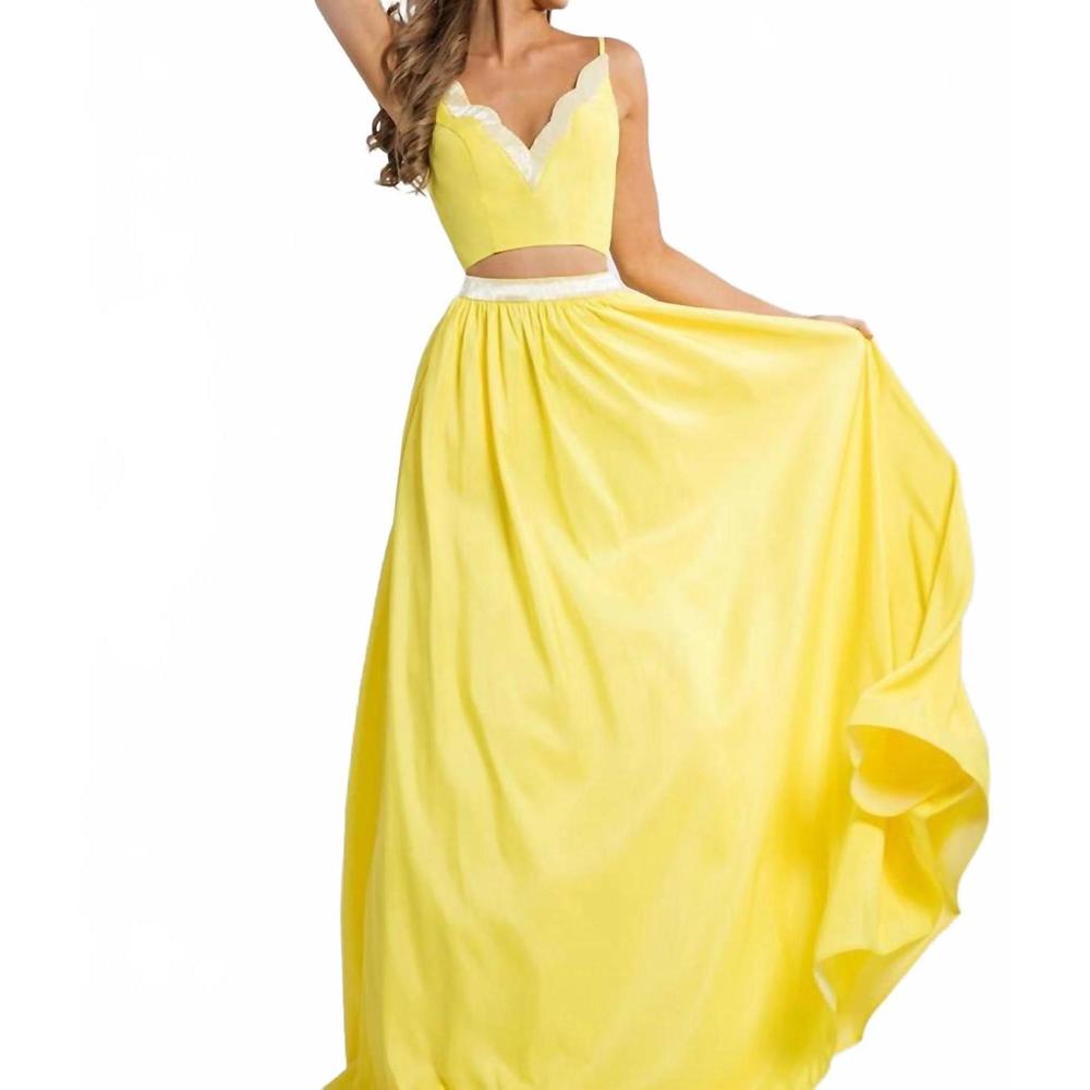 NEW RACHEL ALLAN two-piece mikado v neck prom gown in yellow